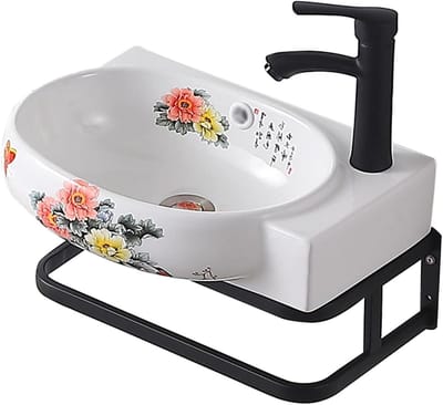 Badkamer Wastafel - Waskom Keramiek - Stijlvolle Badkamer - Geschilderd Pioenbloem - 43cm Klein Formaat - Wit Zwart