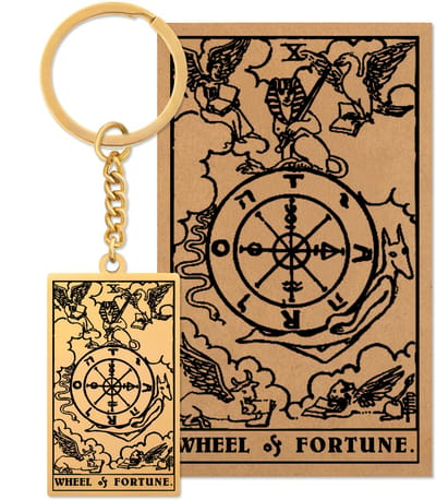 Tarot Sleutelanger X: Het Rad van Fortuin / Wheel of Fortune - Op Cadeau Kaartje - Goudkleurig Stainless Steel - Grote Arcana uit Rider-Waite Geïnspireerd - Pax Amare