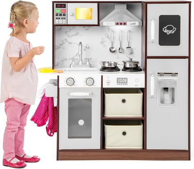 COSTWAY Kinderkeuken, speelkeuken met licht & geluid, houten keuken incl. accessoires, gootsteen, afzuigkap, magnetron, ijsmachine, bord, speelgoedkeuken voor kinderen vanaf 3 jaar