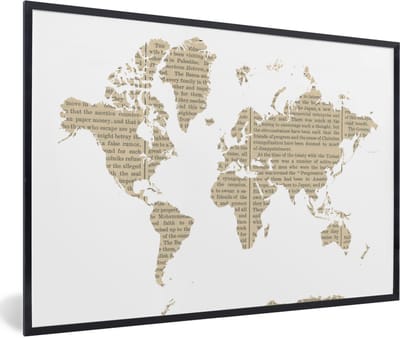 Poster in lijst - Fotolijst 90x60 cm - Posters - Wereldkaart - Wit - Krantenpapier - Posterlijst zwart - Decoratie - Wanddecoratie woonkamer - Muurdecoratie slaapkamer