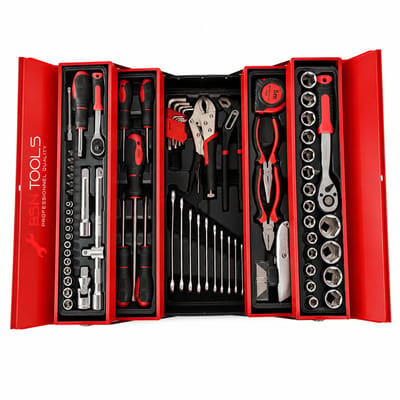 BSN Tools Gereedschapskoffer 85-delig – Professionele Toolset met Dopsleutels, Tangen & Schroevendraaiers – Inclusief Metalen Opbergkoffer