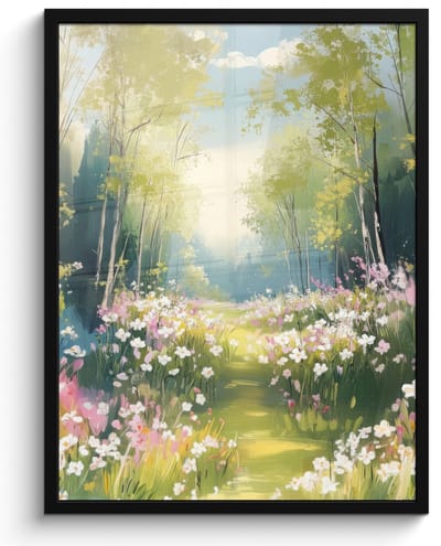 Poster in lijst - Fotolijst 50x70 cm - Posters - Bos - Schilderstijl - Kleurrijk - Posterlijst zwart - Decoratie - Wanddecoratie woonkamer - Muurdecoratie slaapkamer