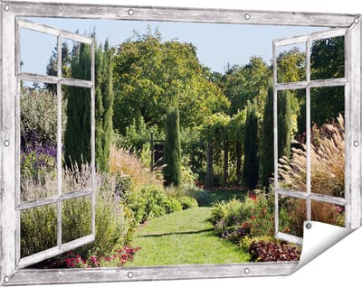 Gards Tuinposter Doorkijk Tuin - 120x80 cm - Tuindoek - Tuindecoratie - Wanddecoratie buiten - Tuinschilderij