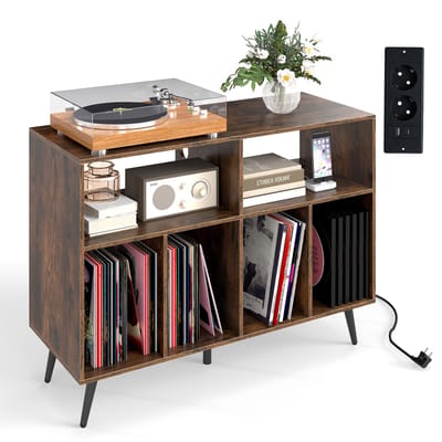 COSTWAY Draaitafel standaard met laadstation, draaitafel met vinyl opbergplanken, platenopbergtafel incl. 5 metalen poten, dressoir voor woonkamer, muziekkamer (bruin)