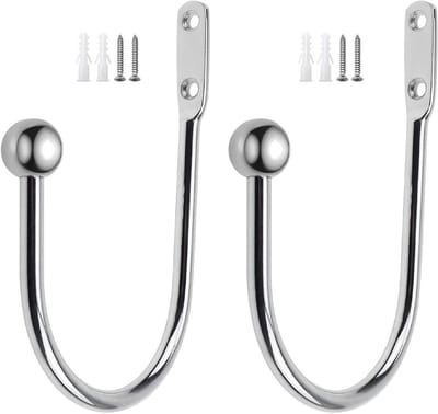 Set van 2 metalen gordijnhouders in chroom, U-vormige vouwbeugels, decoratieve tiebacks en haken voor gordijnen