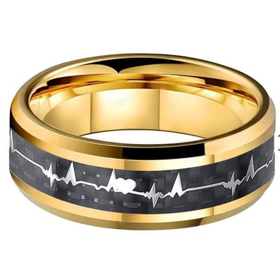 Jonline Wolfraam Ring|Zwart Gold Plated |Unisex|Hartslag Design|7 mm |Krasbestendig Modern|maat 72=23.00 mm.