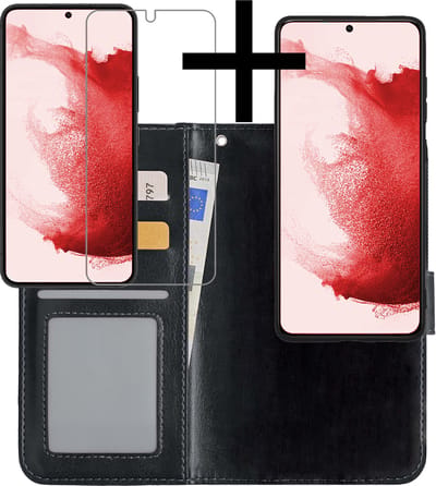 Hoesje - 2 in 1 - Geschikt voor Samsung Galaxy S22 - Met Screenprotector - En Uitneembare Hard Cover - Bookcase - Wallet Case - Met Pasjeshouder - Book Case - Uitneembaar - Pashouder - Kunstleer - Zwart