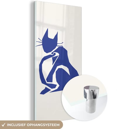 MuchoWow® Glasschilderij 60x120 cm - Schilderij acrylglas - Kat - Huisdieren - Blauw - Matisse - Foto op glas - Schilderijen
