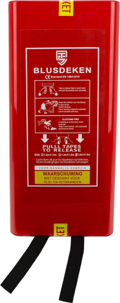 Blusdeken 180 x 180 cm – Hardcase – Kunststof box – Branddeken met ophangoog – EU-normering 1869:2019