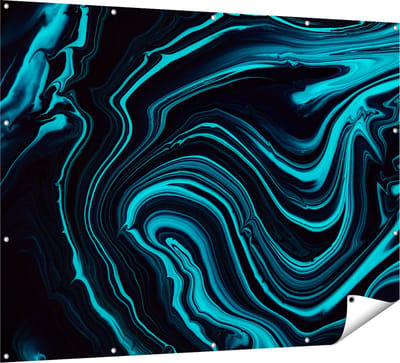 Gards Tuinposter Abstracte Kunst - Aqua Blauw met Zwart - 160x120 cm - Tuindoek - Tuindecoratie - Wanddecoratie buiten - Tuinschilderij