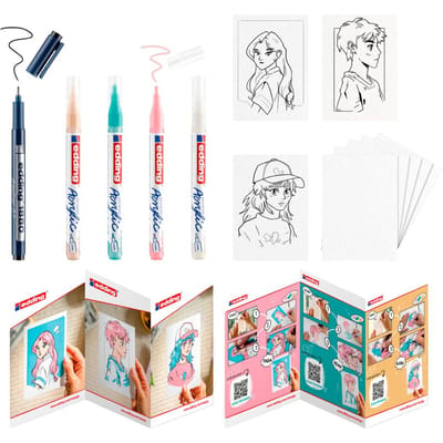 edding Manga Creative Set - manga tekenen voor beginners op veel verschillende ondergronden - 1x 1800 profipen zwart - 4x 5300 acryl stiften - 6x blanco kaarten - 3x templates - 1x stap-voor-stap uitleg - all-in-one set