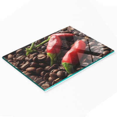 Duurzaam en stijlvol glazen snijplank met een chilipeper- en koffiepatroon, 80x52 cm