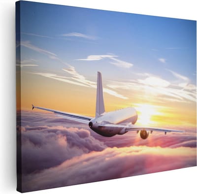Artaza Canvas Schilderij Zonsondergang - 40x30 cm - Klein - Wanddecoratie Vliegtuig - Muurdecoratie Wolkenlucht - Kamer Accessoires