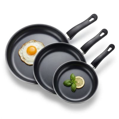 Lomera Koekenpannenset Set van 3 - 3-Delig - Braadpannenset - Pannenset met Anti-aanbaklaag - Non-Stick Koekenpan - Bakpannen voor Gas en Elektrisch - Camping Pannen - Braadpan - Kookpannenset - Lichtgewicht Keuken Pannen - Carbonstaal