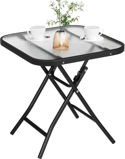 Opklapbare tafel voor binnen en buiten - Multifunctioneel met gehard glas blad - 46x46 cm - Zwart en transparant