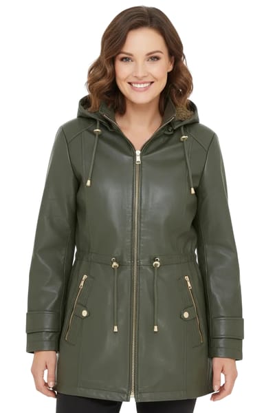 Groene leren parka voor dames met afneembare borg capuchon en trenchcoat - Emilia