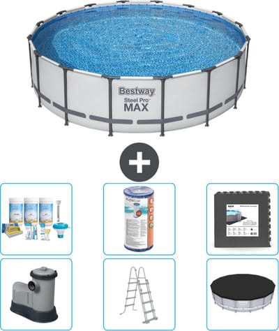 Bestway Rond Steel Pro MAX Zwembad - 488 x 122 cm - Grijs - Inclusief Pomp - Ladder - Afdekzeil Onderhoudspakket - Filter - Vloertegels