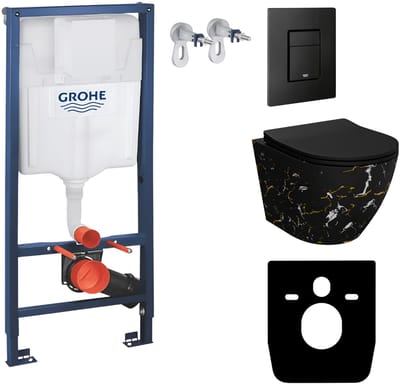 Inbouwreservoir Complete Toiletset Grohe Solido 39069000 - Inbouw WC Hangtoilet Wandcloset Sofi Slim Fire - Bedieningsplaat EVEN 3in1 Zwart - Voorwandelement - Installatiesysteem