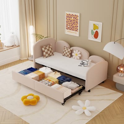 DESMIU Kinderbed 90x200 cm – Bloemvormig Gestoffeerd Bed Met Lade – Dagbed Met Veiligheidsrand – Voor Kinderkamer – Fluweel – Roze – Zonder Matras