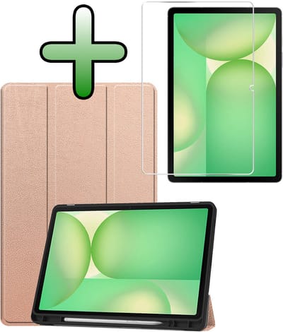 Hoesje Geschikt voor Samsung Galaxy Tab S10 FE - Met Screenprotector - Trifold Bookcase - Hard Cover Case - Met Uitsparing Geschikt voor S Pen - Hardcover Book - Tablet Hoes - Rosé goud