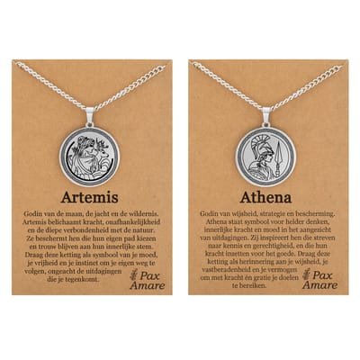 Athena & Artemis Ketting Bundel – Wijsheid & Onafhankelijkheid - Zilverkleurig Stainless Steel - Griekse Goden Kettingen Set - 60cm - Pax Amare