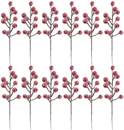 Dailygoods- Hulstbessen 12 stuks - Kunstmatige Bessenstelen - Besneeuwd - Kerstdecoratie - Valentijn DIY - Winter Woondecoratie - 7,8 inch lengte