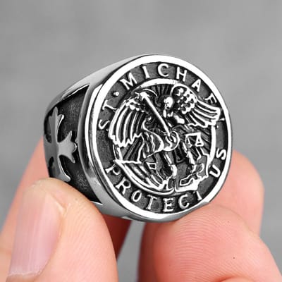 316L Roestvrij Staal St-Michaël Herenringen Goede Geluks Talisman Religieuze Persoonlijkheid Biker Ring voor Mannen Jongen Mode Sieraden Cadeau 7 white