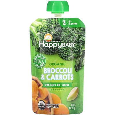 Happy Family Organics, Happy Baby, 6 mois et plus, Brocolis et Carottes Biologiques, avec Huile d'Olive + Ail, 4 oz (113g)