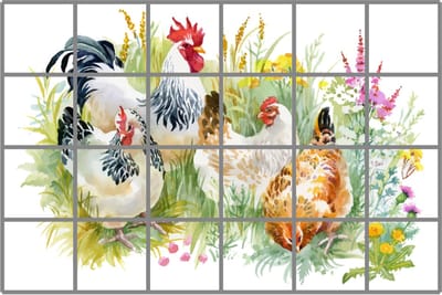 Stickermozaïek 24 tegelstickers 15x15cm haan met kippen - badkamer, keuken en toilet - zelfklevend - peel and stick - decoratiestickers - plakfolie stickers - backsplash