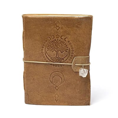 Notitieboek Levensboom met bergkristal en kunstleren omslag – ± 13 cm x 18 cm
