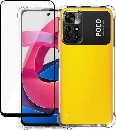 Hoesje geschikt voor Poco M4 Pro - Shock Proof Case Transparant met Versterkte rand en Glas Full Screen Protector