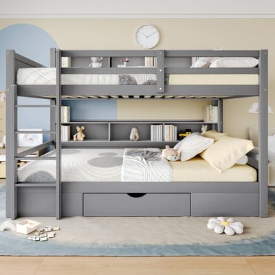 MEUNIQ Stapelbed 90x200 cm grijs met opbergvakken en bedlade, kinderbed van grenenhout en MDF, zonder matras, voor kinderkamer