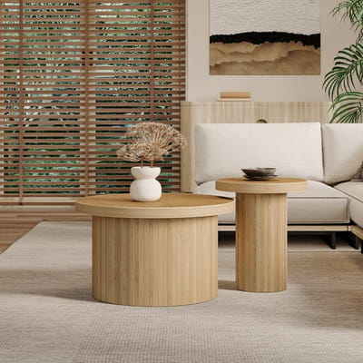 STILVORA Salontafel Set - Nestbare Ronde Tafels Met Lattenpoten - Ruimtebesparend Voor Woonkamer - MDF - Natuurlijk - 66x40 En 40x46 Cm