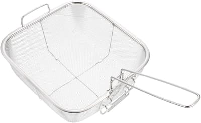 Frituurmand met Filter en Afvoerfunctie - Multifunctionele Vierkante Frietmand voor Diepvries en Frituren - 24×24 cm - Geschikt voor Olieafscheiding en Gerechtelijke Opslag - Zilverkleurig