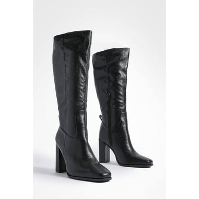 boohoo Dames Brede Pasvorm Blockhiel High Shine Kniehoge Laarzen | Black | Maat: 3