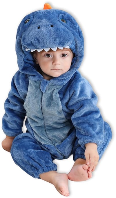 Blauwe Dino Baby Dieren romper Verkleedpak – Peuter CarnavalKostuum – Onesie Kinderen 6 maanden tot 2 jaar – Flanel – Voor Kerstmis, Sinterklaas Cadeau – Jongen & Meisjes - Jumpsuit – Pyjama of Boxpak – Kruippak – Perfect kraamCadeau – Bruin