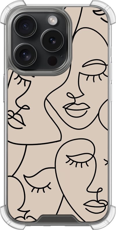 Shockproof hoesje - Geschikt voor iPhone 15 Pro - Abstract faces - Extra sterke case - TPU/polycarbonaat - Print / Illustratie - Bruin, Transparant