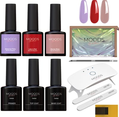 Moods Gellac BIAB Starter Pakket – Secret Dreams - Builder in a Bottle – BIAB Nagellak – Inclusief UV/LED Lamp, Bokkepoot, Nagelvijl, Primer, Base en Top Coat