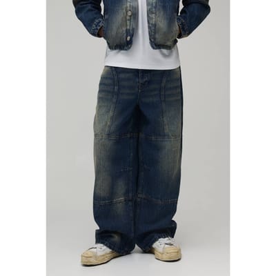 Baggy Stijve Bleach Washed Panelen Denim Jeans | Antique Wash | Size 30R