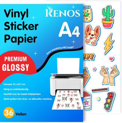 36 Glossy Vinyl Stickervellen A4 - Waterbestendig Stickerpapier voor Inkjet Printers - Geschikt voor Snijmachines