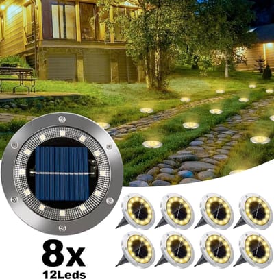 8x LED Warm Solar Grondspot Zilver RVS – Solar Tuinverlichting met 12 LEDs – Led Solar Grondspots – Buitenlamp – Tuinverlichting op Zonne-Energie – 8-10 Uur Buiten Verlichting in Tuin – IP65 Waterdicht