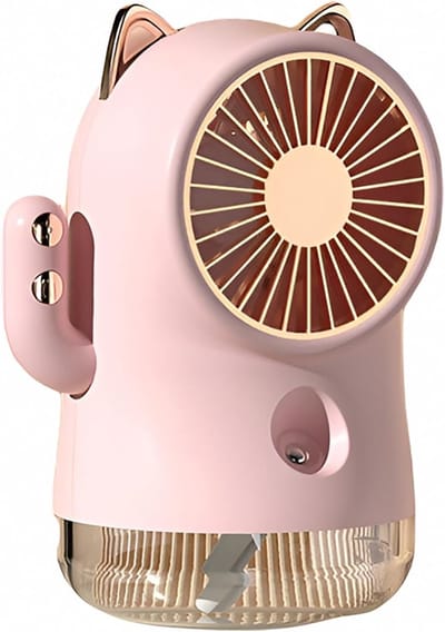 Ventilator - Mini ventilator - Oplaadbare kleine ventilator met vernevelaar, krachtige luchtstroom met 3 standen, draagbare tafelventilator, brede luchtverspreiding, stille oscillerende luchtcirculator voor thuis en op kantoor (roze)