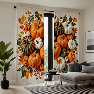 2 stuks HD blauw geruit pompoen esdoornblad decoratief gordijn Gele band digitaal bedrukt gordijn Huisdecoratie stijl decoratie W52H63inchW132H160cm orange