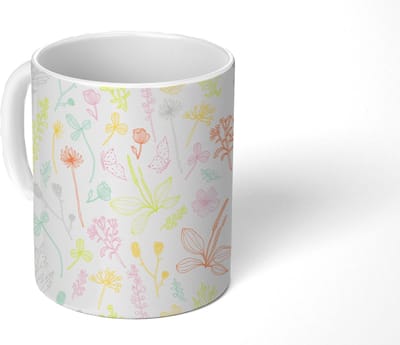Mok - Koffiemok - Planten - Patronen - Tuin - Contour - Pastel - Mokken - 350 ML - Beker - Koffiemokken - Theemok