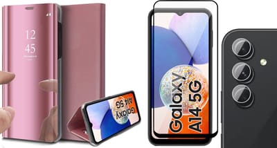 Hoesje geschikt voor Samsung Galaxy A14 - Screenprotector FullGuard & Camera Lens Screen Protector - Book Case Spiegel Roségoud