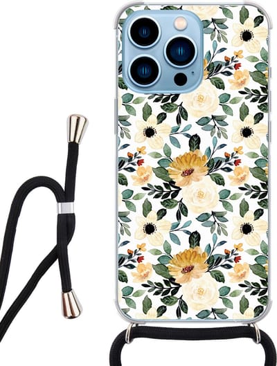 Hoesje met koord - Geschikt voor iPhone 13 Pro - Lovely flowers - Verstelbaar zwart koord - Transparant, Geel - Bloemen - Leuke Telefoonhoesjes
