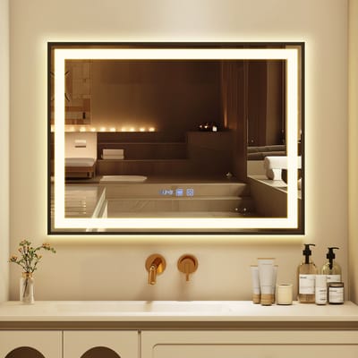 Puluomis Badkamerspiegel - 70x50cm - Rechthoekig Zwart Metalen Frame - LED-verlichting - Tijd- en Temperatuurweergave - Ontwaseming