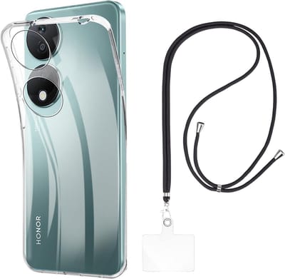 Set met hoesje en nekband voor honor 90 smart - Flexibele, transparante TPU-bescherming, verstelbare universele nekband voor mobiele telefoons, zwarte nekband, transparante draagriem van Phonillico®