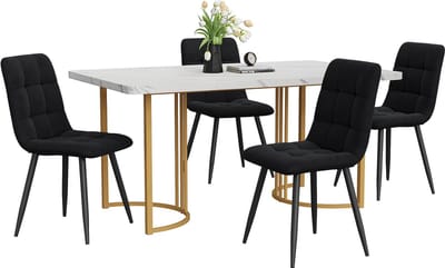 Merax 5-delig Eettafel Set - Moderne Keukentafel 140 x 80 cm met 4 Zwarte Velvet Stoelen - Gouden Metalen Poten en Wit MDF Tafelblad