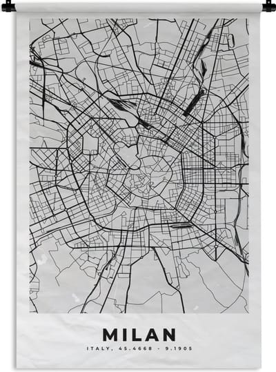 Wandkleed - Wanddoek - Milaan - Stadskaart - Zwart Wit - Plattegrond - Kaart - 120x180 cm - Wandtapijt